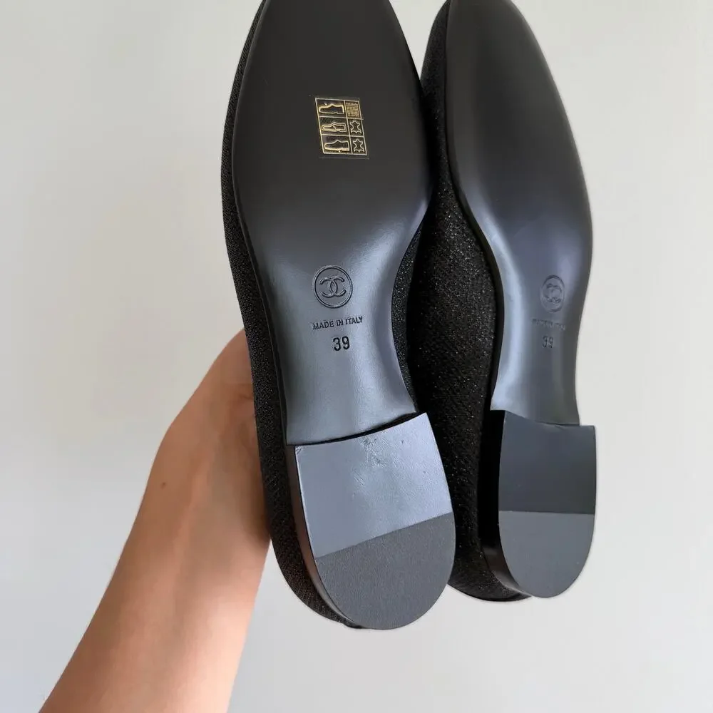 Chanel Interlocking CC Logo Glitter Slip On Loafer Flats Black 9 NEW